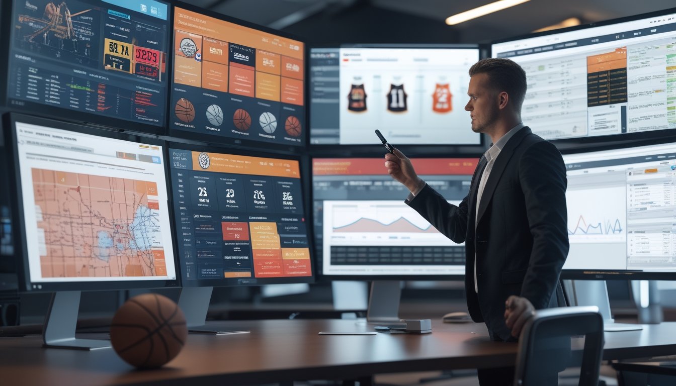 Seorang analis di kantor modern sedang melihat dan menunjuk layar komputer yang menampilkan grafik dan data statistik tim NBA untuk taruhan basket.