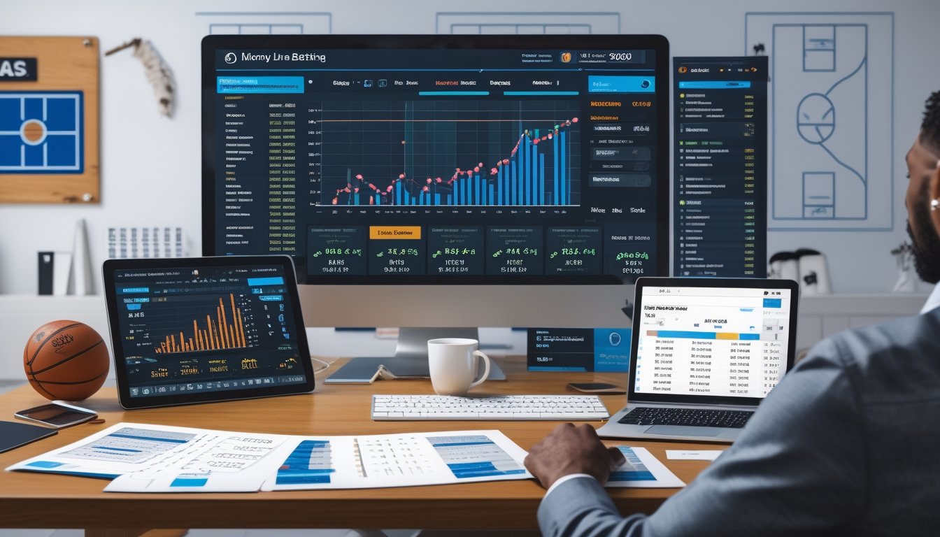 Seorang analis olahraga sedang memeriksa data statistik dan grafik tren taruhan Money Line NBA di meja kerja dengan komputer dan perangkat digital lainnya.