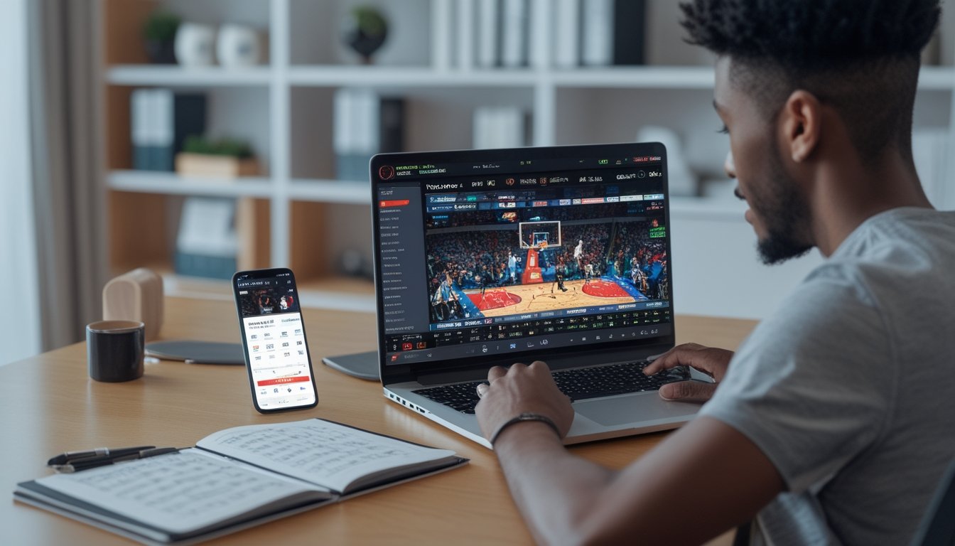Seseorang menggunakan laptop untuk menonton siaran langsung pertandingan basket di ruang kerja rumah yang rapi.