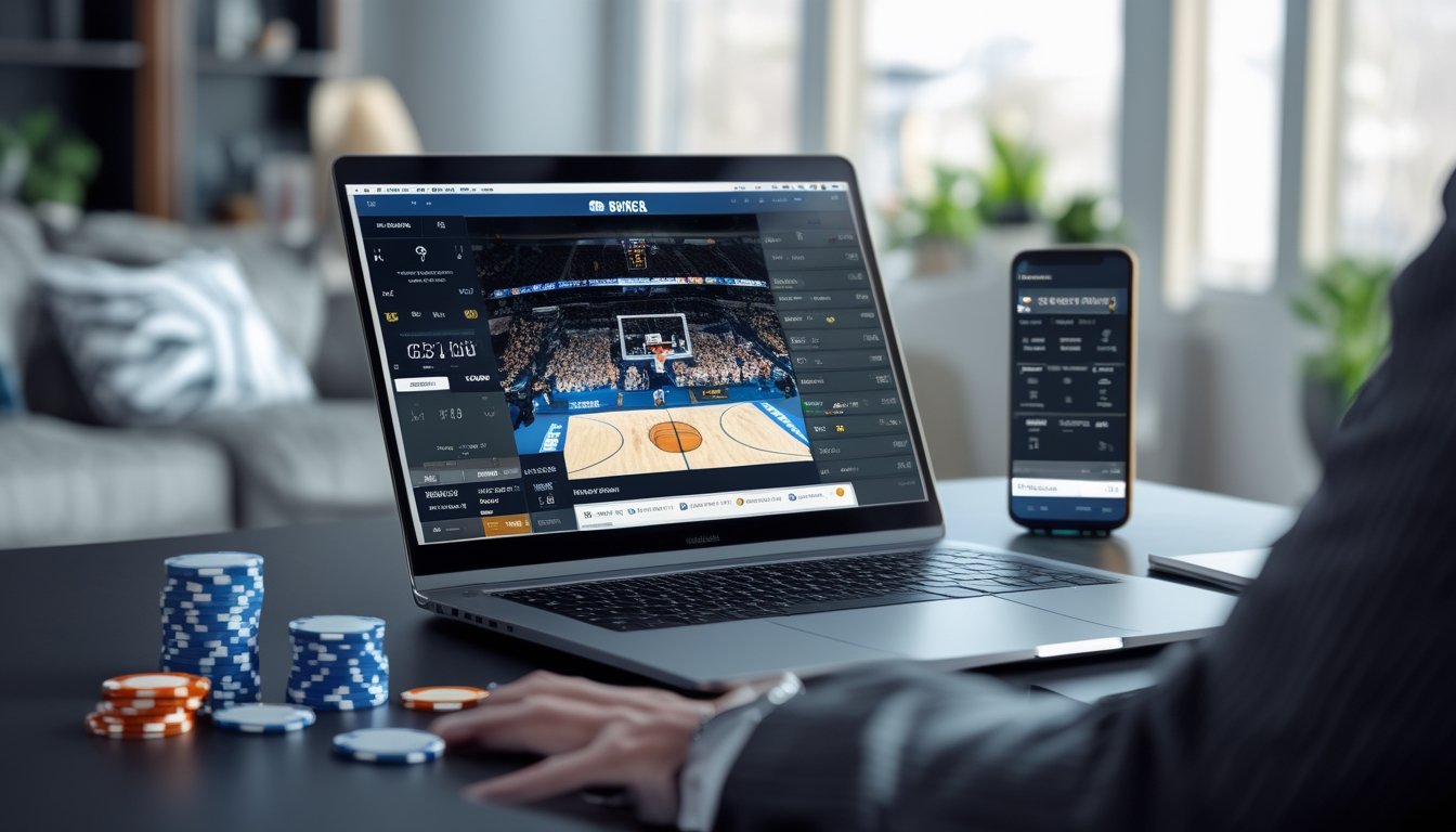 Seorang pria menggunakan komputer dan smartphone untuk menonton siaran langsung pertandingan basket dan memasang taruhan online di lingkungan rumah yang nyaman.