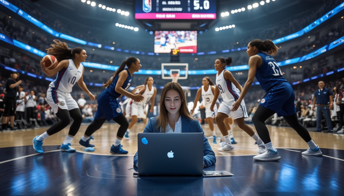 Seorang wanita menggunakan laptop dan ponsel di arena basket yang ramai dengan pemain wanita sedang bermain bola basket di latar belakang.