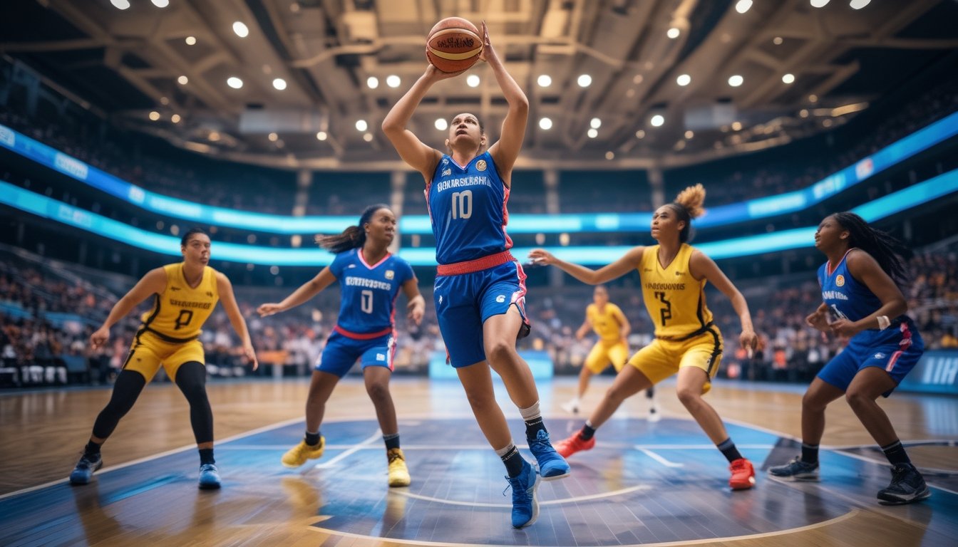 Para pemain basket wanita sedang beraksi di lapangan dalam pertandingan yang intens di arena besar dengan penonton ramai.