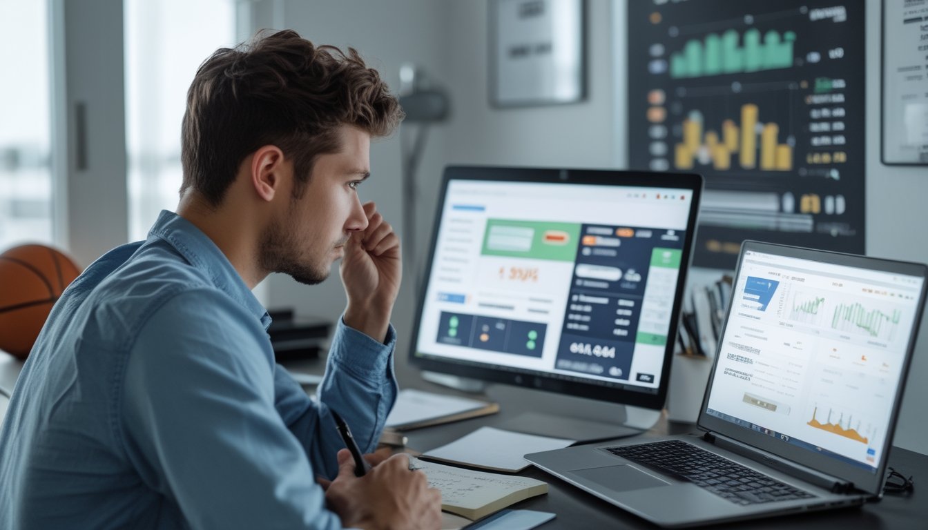 Seorang pria muda sedang fokus mengelola strategi modal kecil untuk taruhan kuarter judi basket online di ruang kerja modern dengan perangkat digital dan grafik taruhan.