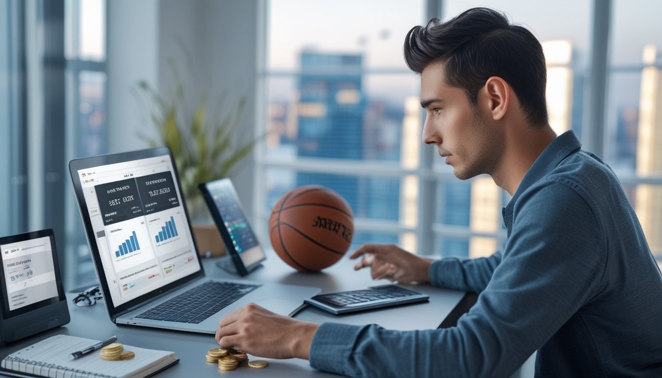 Seorang pria muda fokus duduk di meja dengan laptop dan tablet menampilkan data taruhan bola basket dan grafik keuangan, di ruang kerja modern dengan jendela besar dan pemandangan kota.