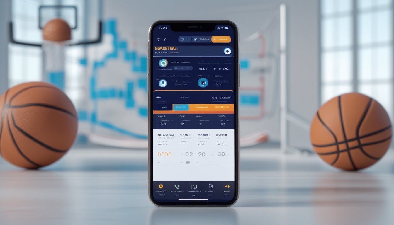 Sebuah ponsel modern menampilkan aplikasi taruhan bola basket dengan grafik dan data taruhan, dikelilingi oleh bola basket dan latar belakang ring basket.