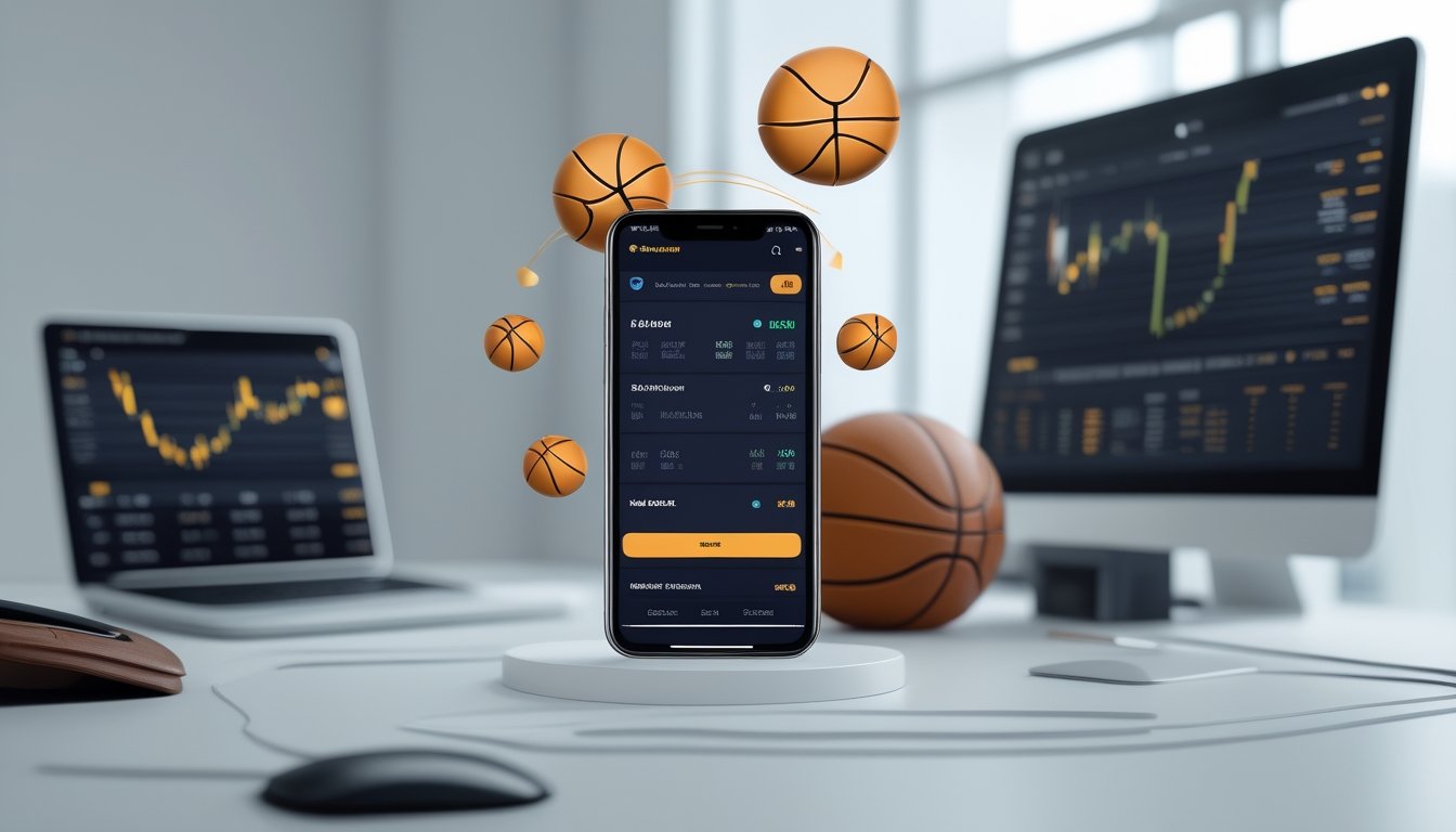 Sebuah smartphone menampilkan aplikasi taruhan basket dengan grafik dan ikon bola basket di atas meja kerja minimalis.