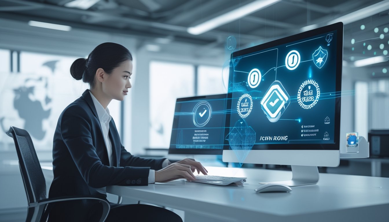 Seorang profesional bisnis duduk di meja modern dengan antarmuka digital yang menampilkan ikon terkait lotere dan simbol keamanan di latar belakang kantor yang cerah.