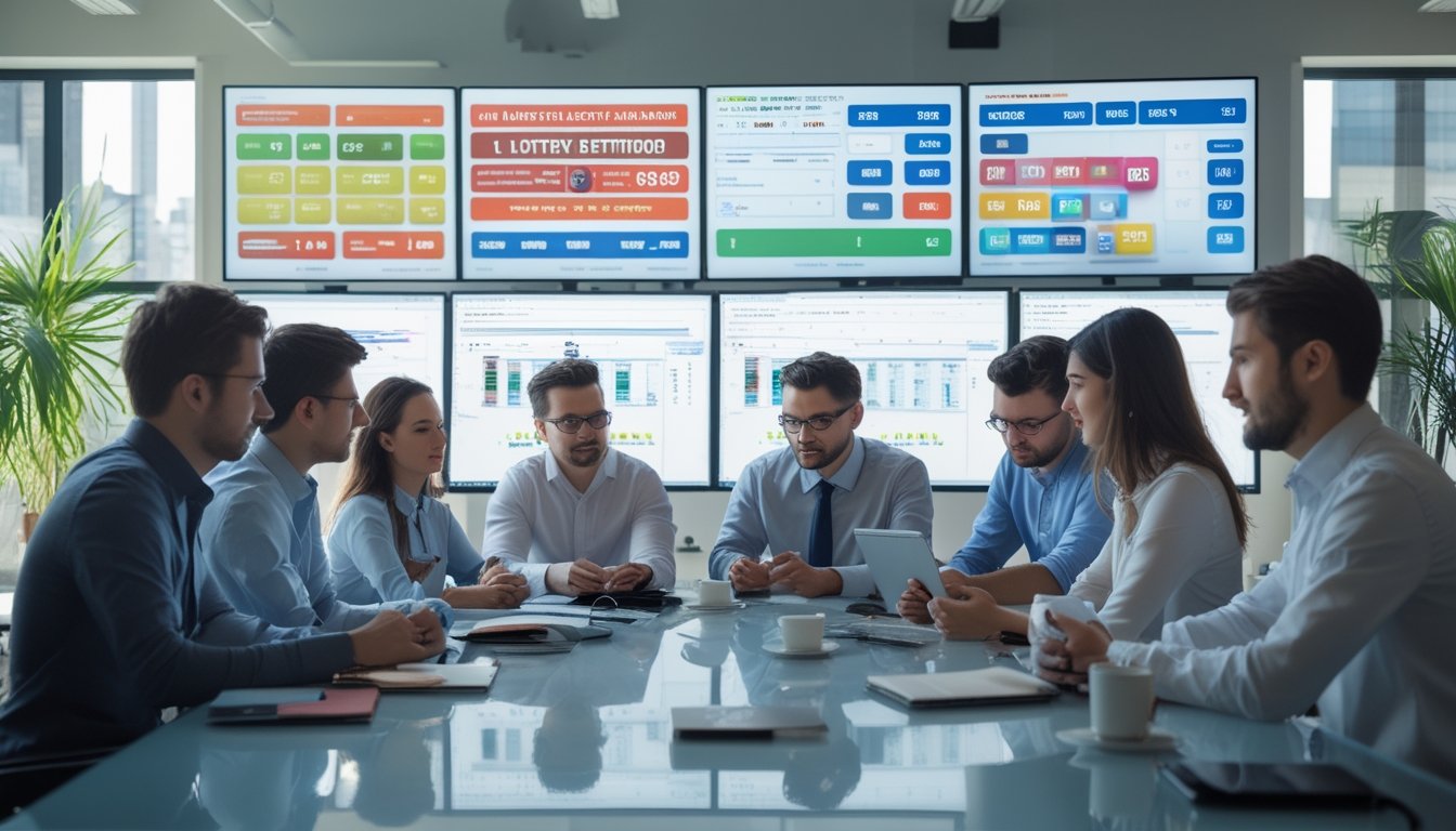 Sekelompok profesional muda sedang berdiskusi di kantor modern dengan komputer yang menampilkan data dan grafik terkait lotere.