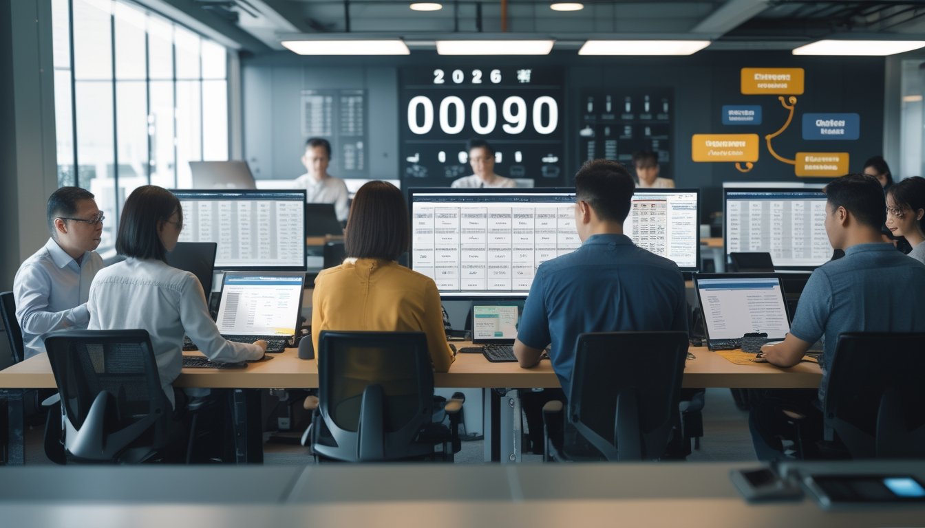 Orang-orang di kantor modern sedang bekerja dengan komputer yang menampilkan data dan grafik terkait lotere Hong Kong.