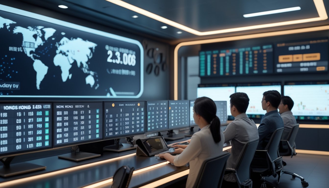 Suasana kantor modern dengan beberapa orang yang sedang memantau layar hasil undian lotere secara langsung pada pukul 23.00 WIB.