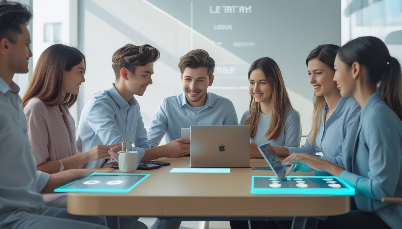 Beberapa orang muda menggunakan perangkat digital di meja modern dalam ruangan terang, menggambarkan suasana aman dan profesional untuk taruhan lotere online.