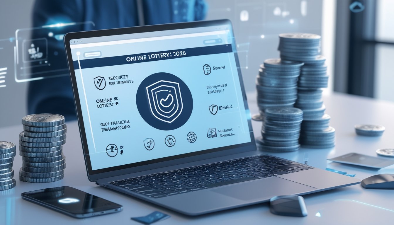 Meja kerja modern dengan laptop yang menampilkan situs togel online aman, ponsel dengan aplikasi pembayaran, dan simbol keamanan digital.