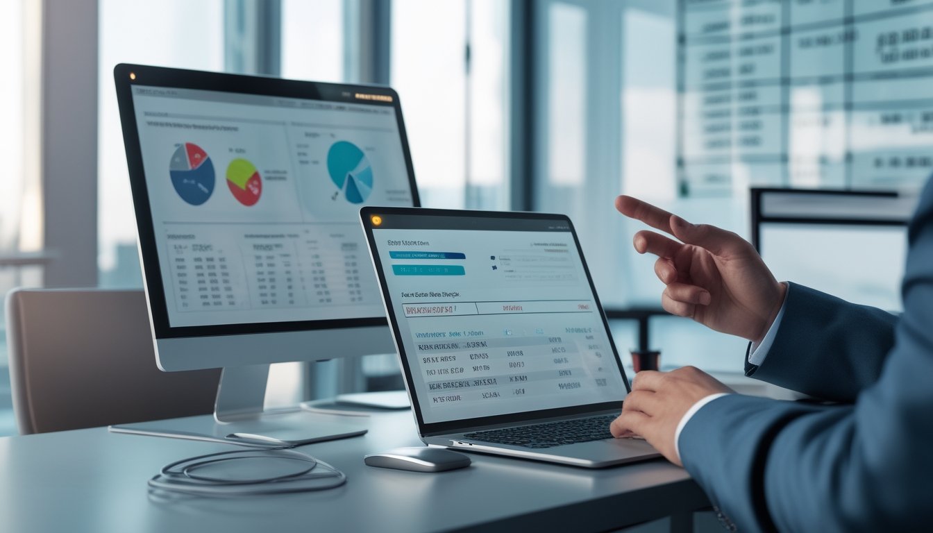 Seseorang sedang menganalisis data angka pada perangkat digital di meja kerja di dalam ruangan kantor.