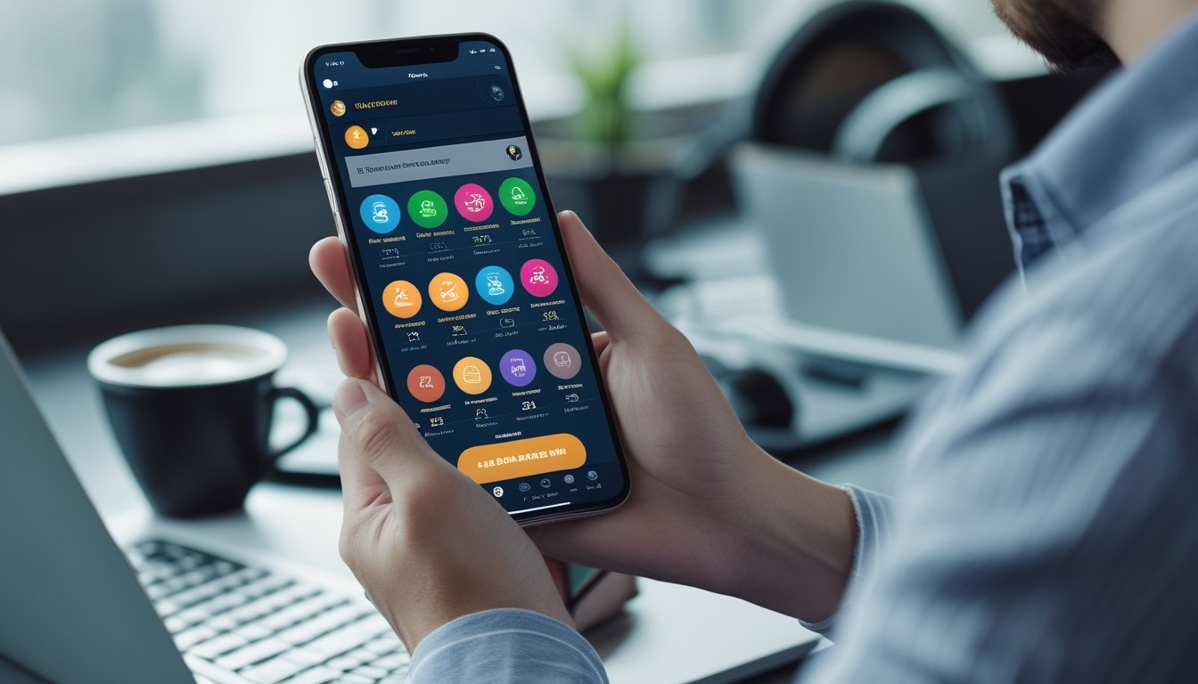 Seseorang memegang smartphone dengan aplikasi permainan online di layar, duduk di meja kerja dengan laptop dan kopi di lingkungan kantor modern.