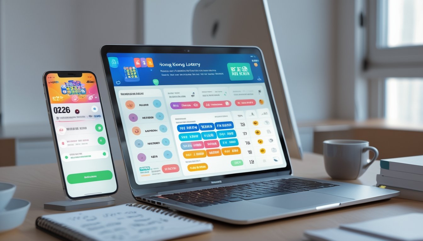 Sebuah meja kerja modern dengan laptop dan ponsel menampilkan aplikasi lotere, dilengkapi catatan dan secangkir kopi di lingkungan kantor yang terang.