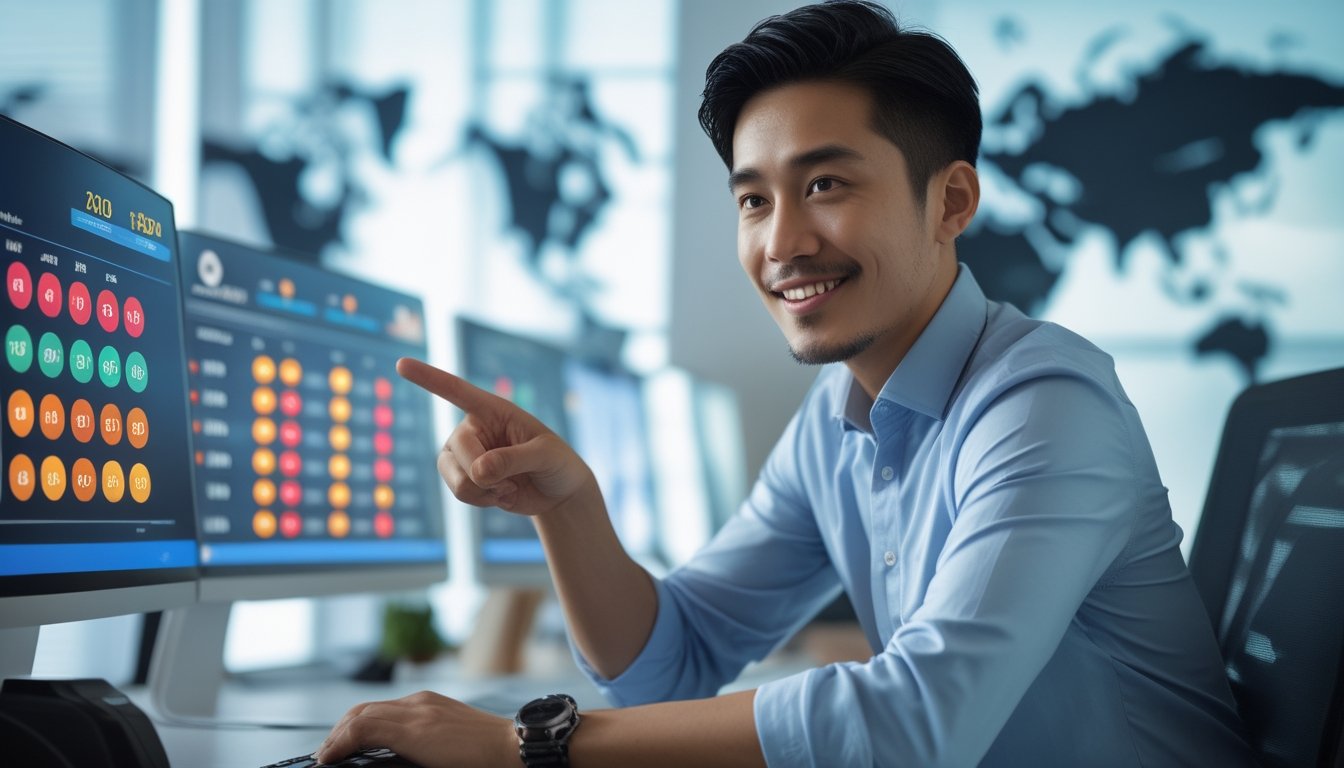 Seorang pria Asia Tenggara duduk di meja dengan beberapa layar komputer yang menampilkan angka lotre, di kantor modern dengan suasana profesional.