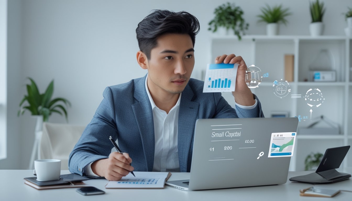 Seorang pria muda Asia duduk di meja kerja di kantor rumah yang terang, fokus melihat layar laptop dengan catatan dan alat tulis di tangan.