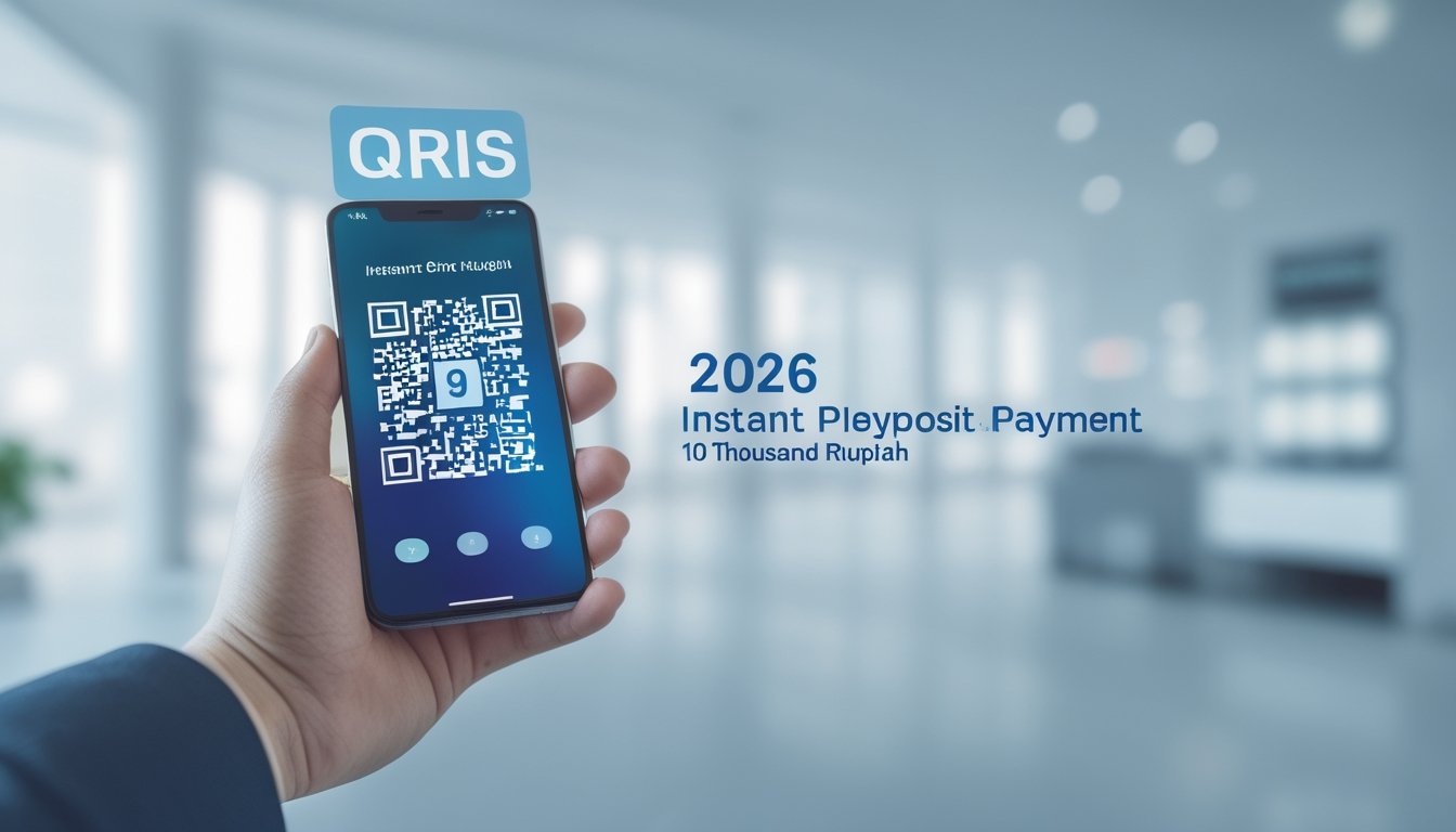 Tangan memegang ponsel yang menampilkan kode QR untuk pembayaran instan di lingkungan modern.