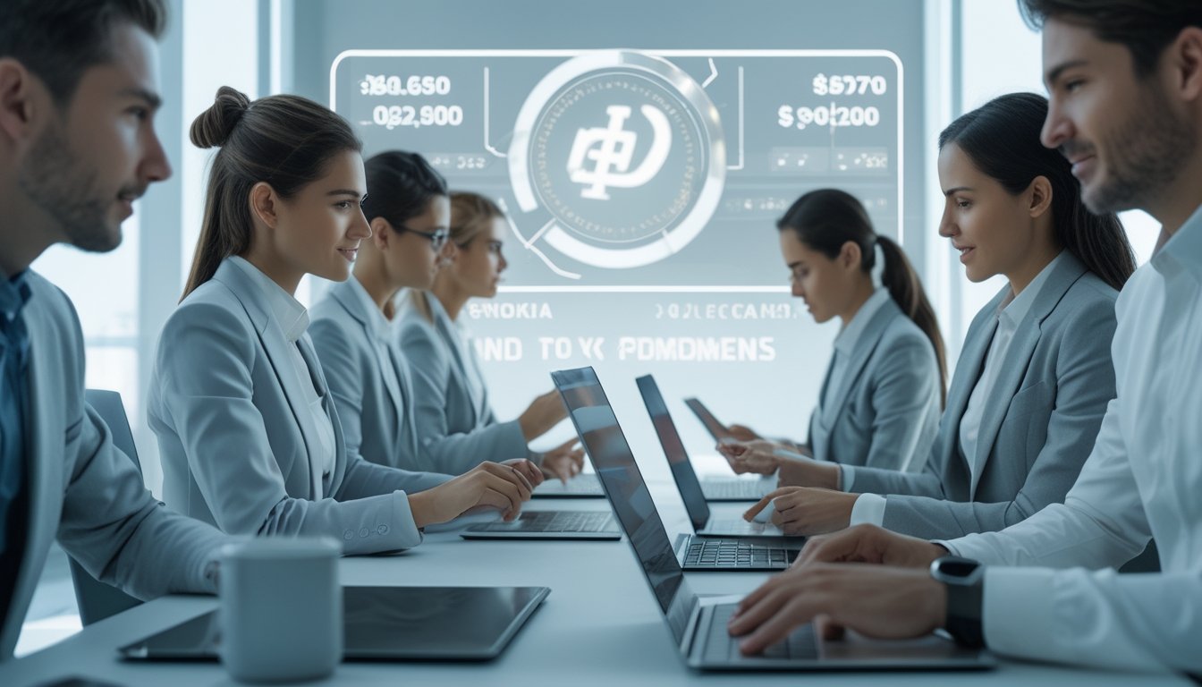 Orang-orang profesional sedang bekerja dengan perangkat digital di kantor modern yang cerah, fokus pada transaksi keuangan dan aktivitas terkait permainan online.
