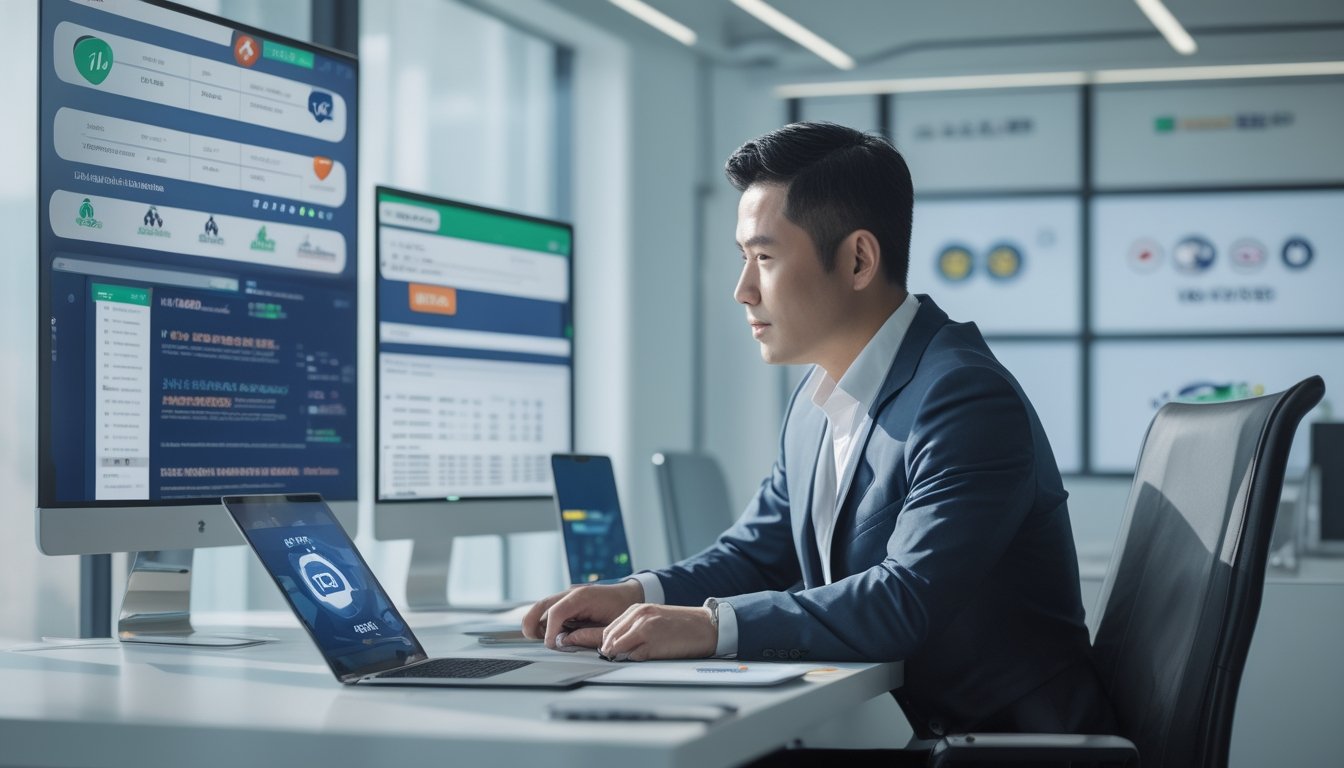 Seorang pria bisnis duduk di meja dengan beberapa layar komputer yang menampilkan grafik dan angka lotere, menggunakan laptop dan ponsel untuk melakukan pembayaran secara online.