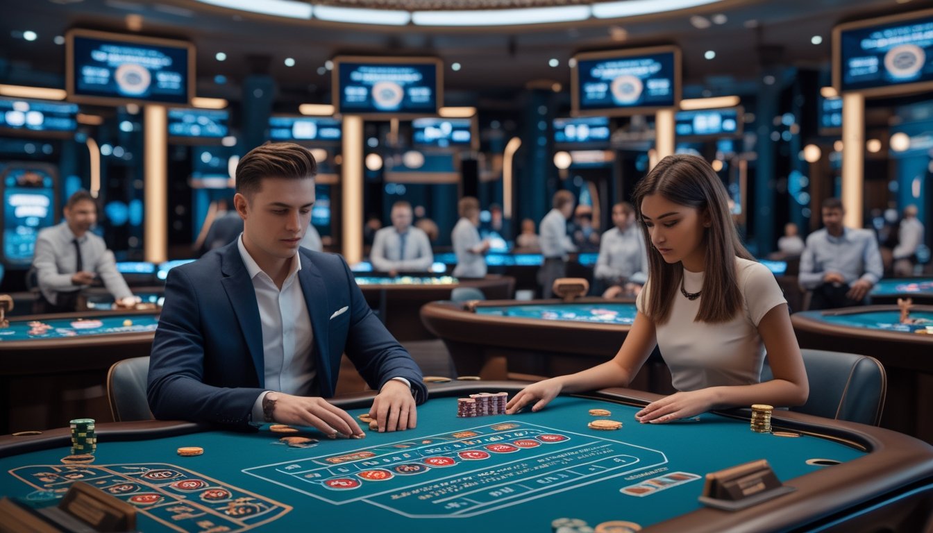 Dua orang bermain baccarat di meja kasino online dengan tampilan modern dan teknologi canggih.