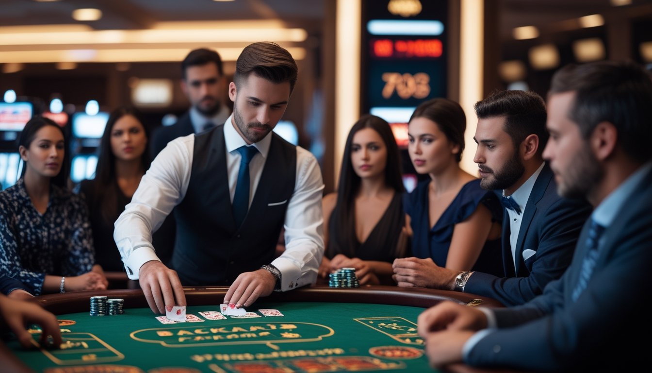 Seorang dealer yang rapi membagikan kartu di meja Baccarat hijau dengan pemain yang fokus di sekitarnya di dalam kasino live.