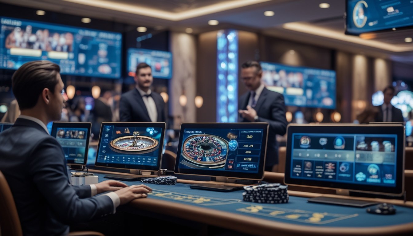 Suasana ruang kasino langsung modern dengan dealer dan layar streaming ultra HD yang menampilkan permainan kasino secara real-time.
