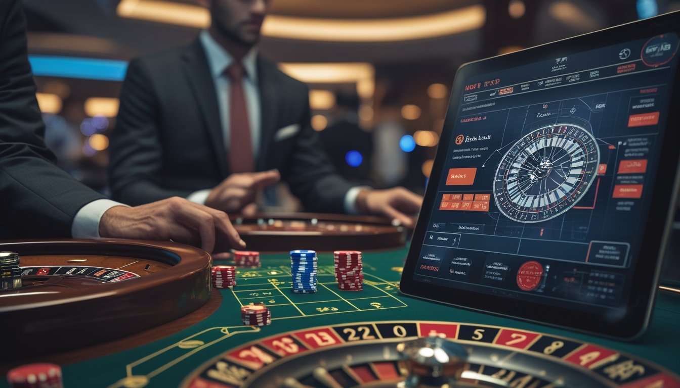Seorang pria berpakaian rapi sedang menganalisis tablet di dekat meja roulette yang berputar di kasino live.