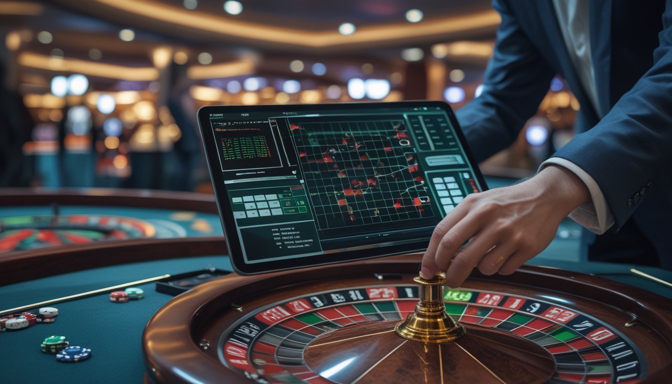 Seorang pemain sedang menganalisis strategi roulette menggunakan tablet di depan meja roulette yang berputar di kasino live.