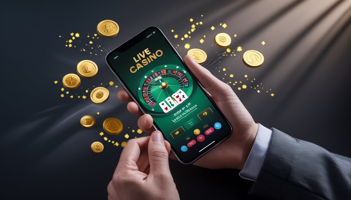 Sebuah tangan memegang ponsel Android yang menampilkan aplikasi kasino langsung dengan grafik permainan dan simbol bonus.