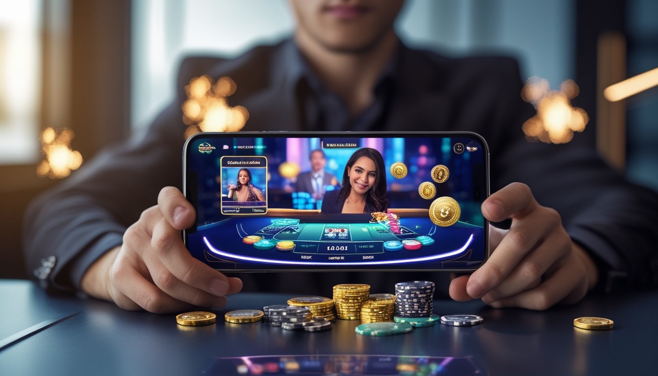 Seseorang memegang ponsel yang menampilkan aplikasi live casino dengan dealer langsung dan chip taruhan.