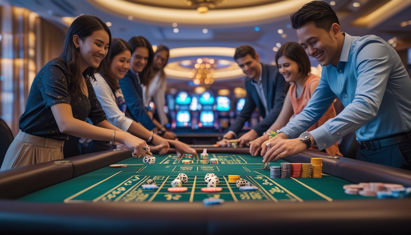 Suasana meja permainan Sic Bo di kasino dengan pemain dan dealer yang sedang bermain dan memasang taruhan.