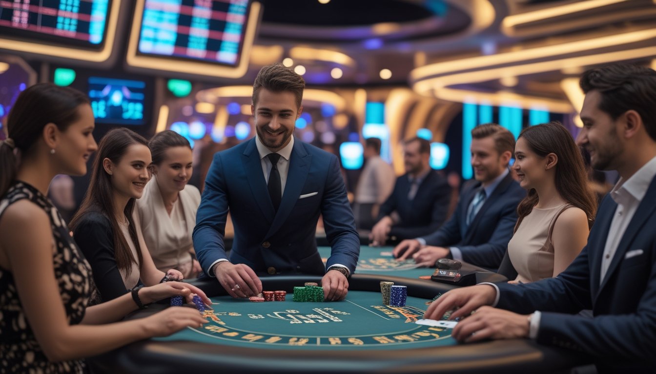 Beberapa orang bermain blackjack di meja kasino langsung dengan dealer yang membagikan kartu.