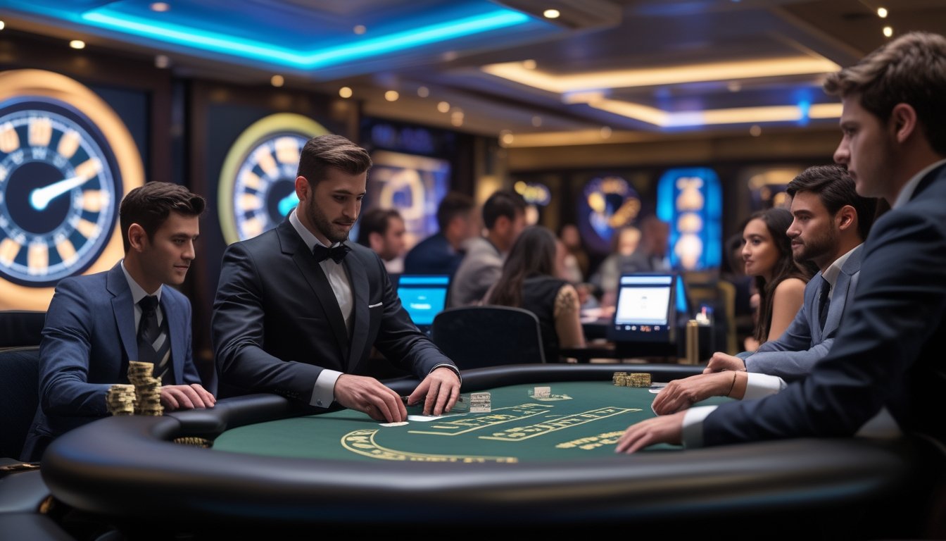 Suasana meja blackjack di kasino langsung dengan dealer dan pemain yang fokus bermain pada tahun 2026.