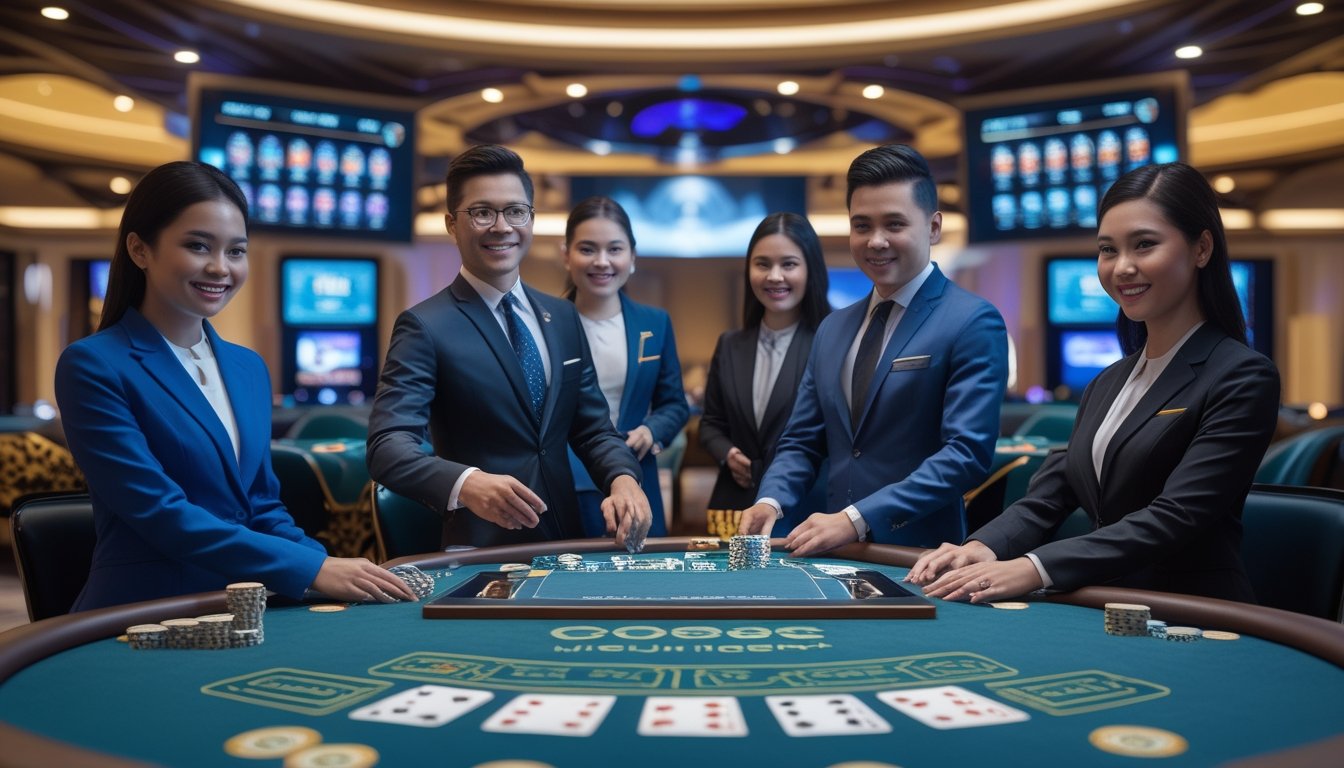 Seorang dealer kasino lokal Indonesia sedang melayani pemain di meja permainan kasino modern dengan latar belakang interior kasino yang futuristik.