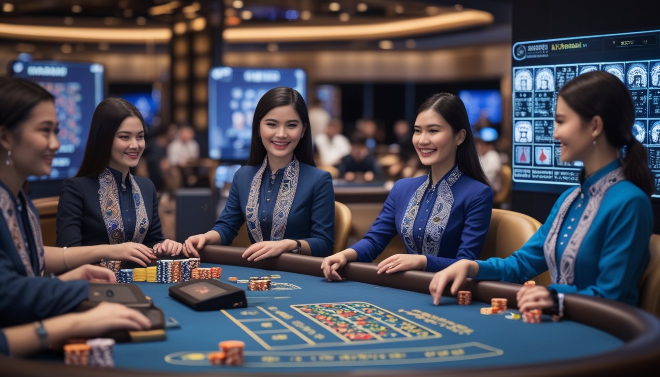 Suasana kasino langsung dengan dealer Indonesia yang ramah di meja permainan, menampilkan peralatan kasino dan teknologi streaming.