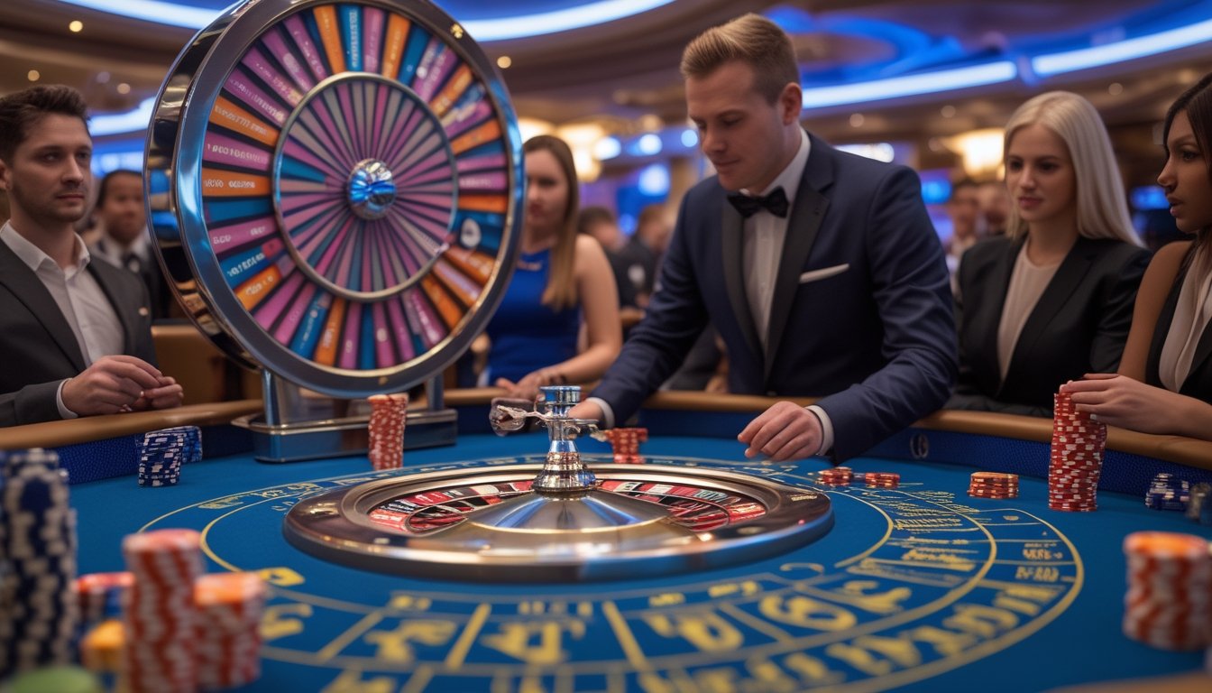 Seorang dealer di meja Mega Wheel kasino langsung dengan pemain yang memasang taruhan dan mengamati roda berputar.