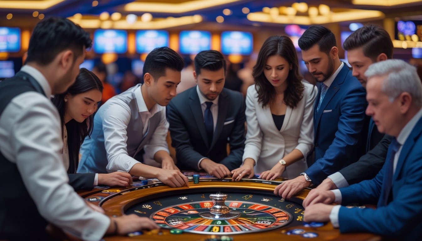 Orang-orang di meja taruhan Mega Wheel di kasino live sedang mengatur chip dan berdiskusi dengan serius.