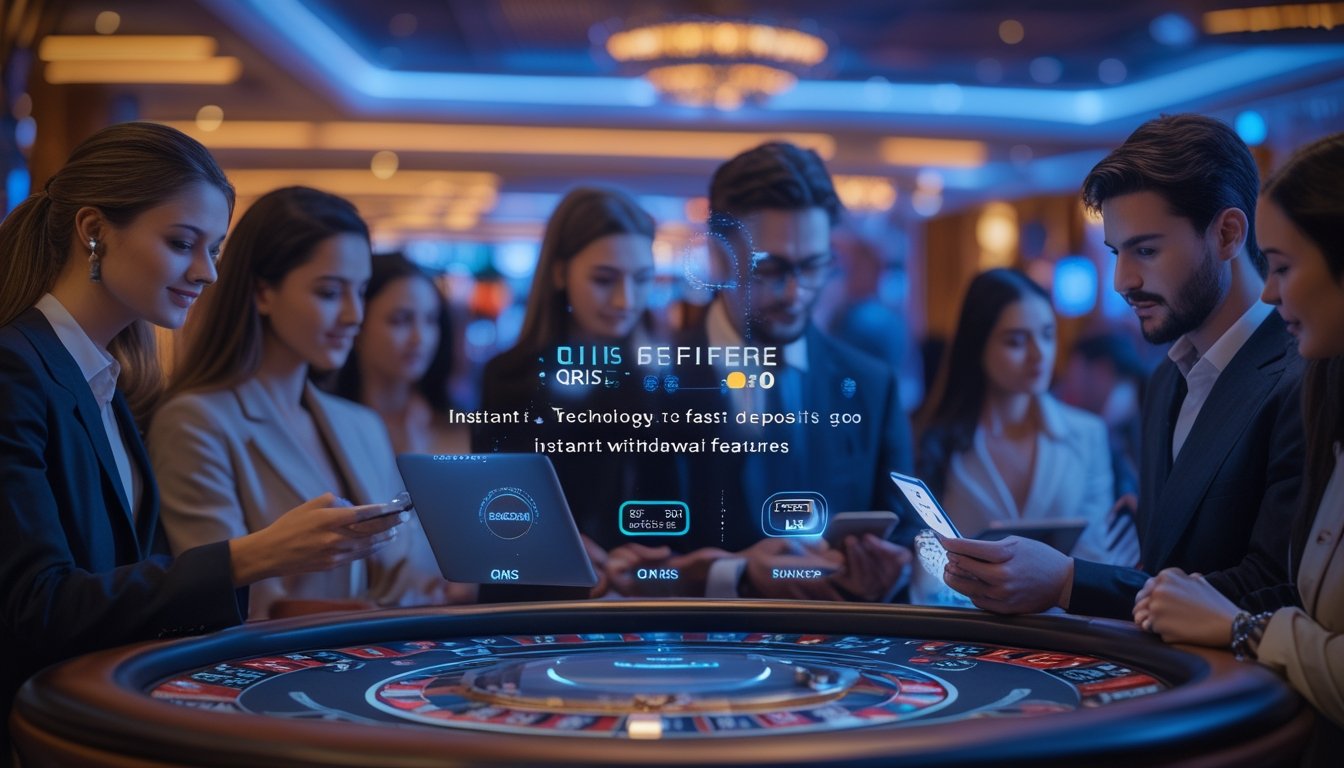 Orang-orang menggunakan perangkat digital di kasino modern dengan suasana yang elegan dan pencahayaan hangat.