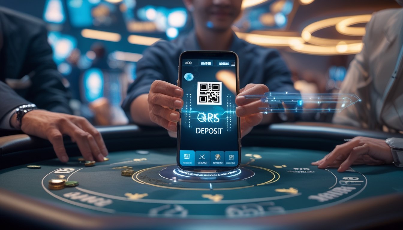 Suasana kasino langsung dengan pemain yang menggunakan metode pembayaran QRIS melalui ponsel untuk deposit cepat dan penarikan instan.