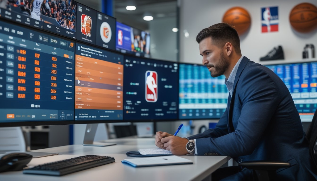 Seorang analis olahraga sedang mempelajari data taruhan NBA terbaru di depan beberapa monitor di ruang kantor modern.