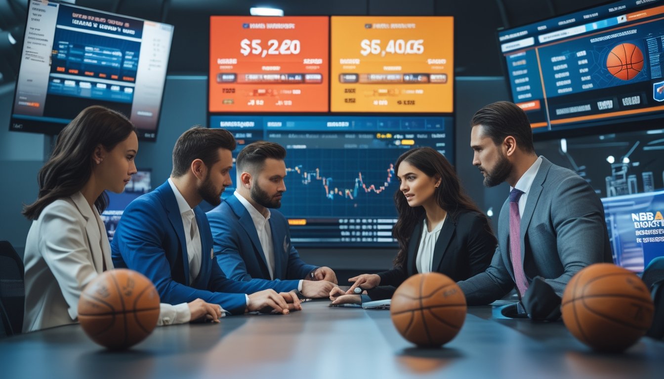 Beberapa profesional sedang menganalisis data taruhan basket NBA di sebuah studio modern dengan layar besar dan grafik taruhan.