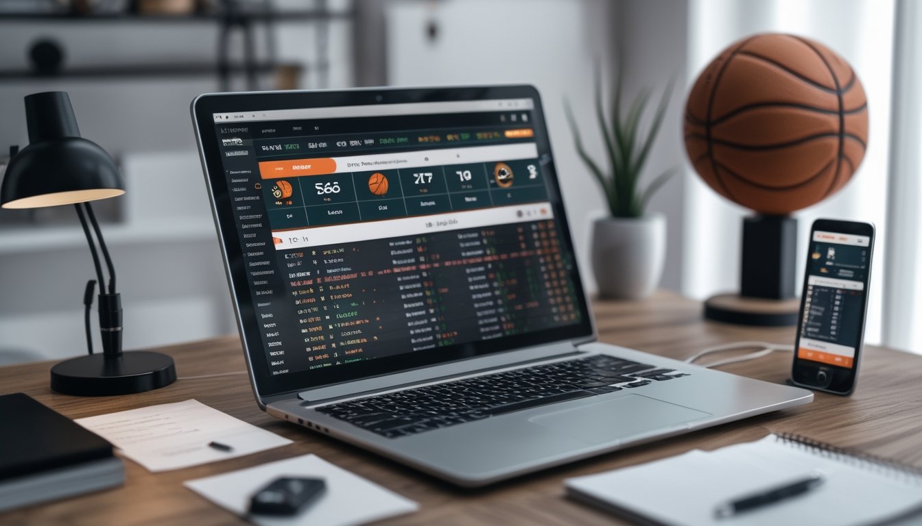 Meja kerja dengan laptop yang menampilkan statistik dan peluang judi basket online, dilengkapi dengan kalkulator, catatan, dan ponsel yang menayangkan pertandingan basket secara langsung.