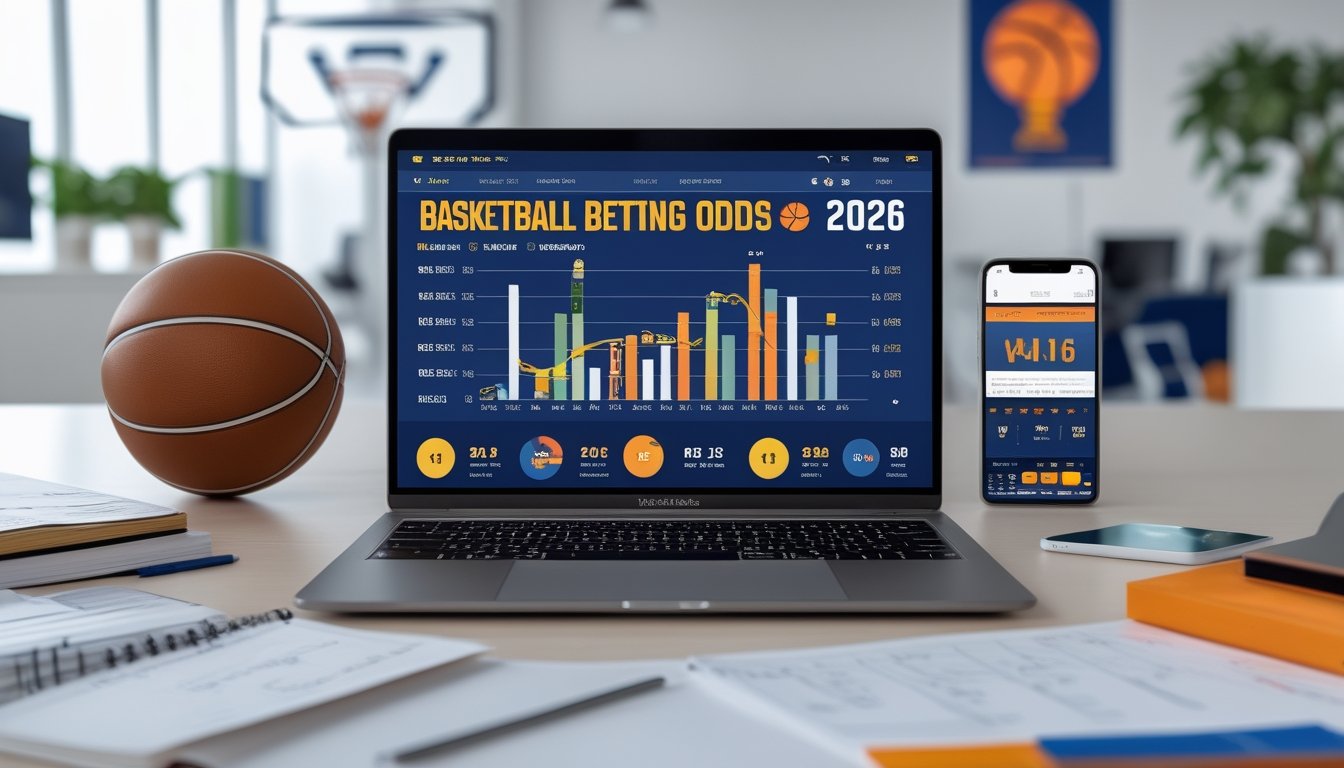 Seorang pria sedang bekerja dengan laptop yang menampilkan statistik dan grafik taruhan bola basket, dikelilingi bola basket dan alat tulis di meja kerja.