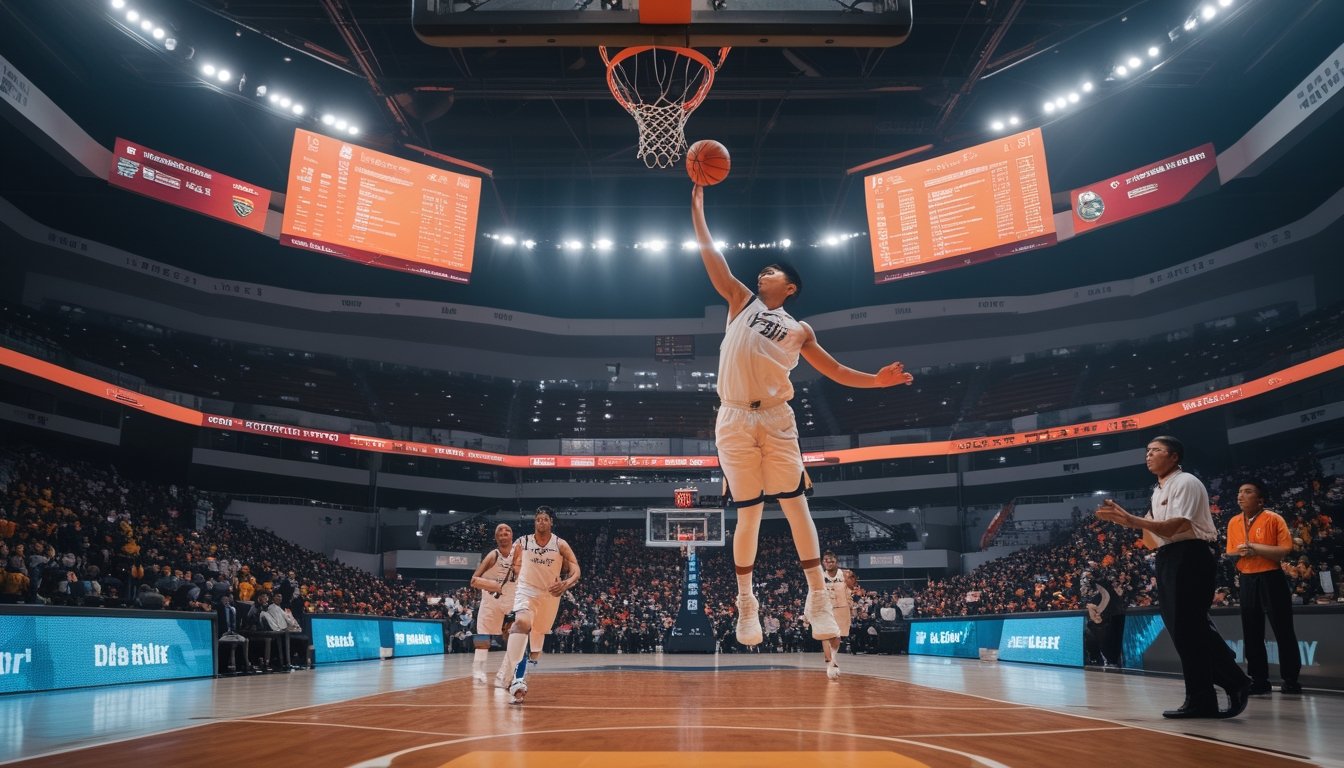 Seorang pemain basket sedang melakukan slam dunk di arena pertandingan Liga IBL Indonesia dengan penonton dan pelatih di latar belakang.