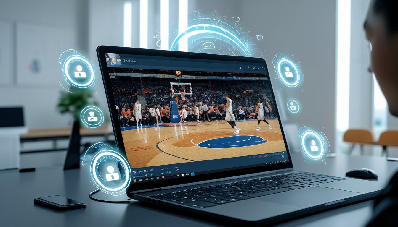 Seorang pria menggunakan komputer yang menampilkan pertandingan basket secara langsung di layar dalam ruangan kerja modern.