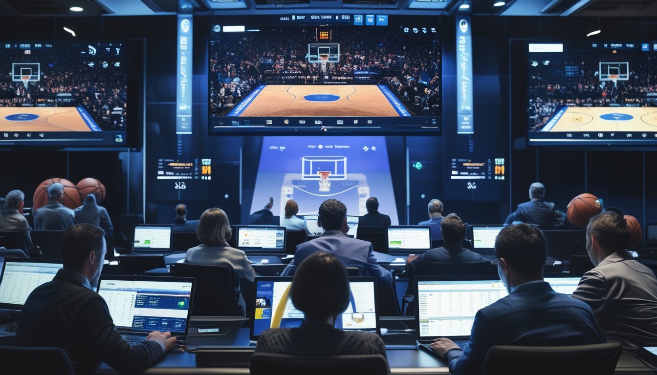 Beberapa orang sedang menggunakan perangkat digital untuk menonton dan memasang taruhan pada pertandingan bola basket secara langsung.