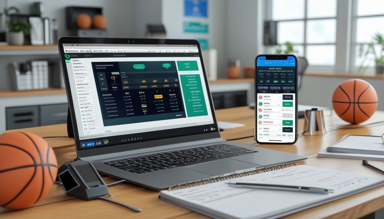 Meja kerja dengan laptop, smartphone, catatan, dan barang terkait bola basket yang menunjukkan suasana perencanaan taruhan parlay judi basket.