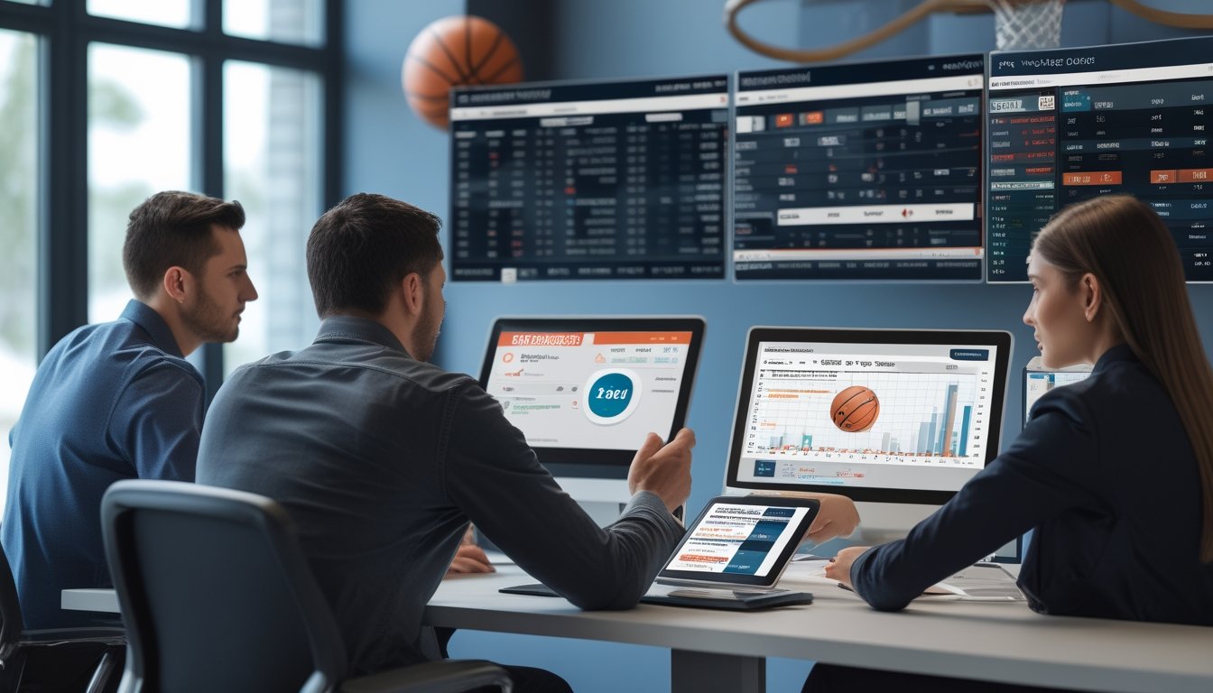 Beberapa orang sedang fokus melihat layar digital yang menampilkan data dan peluang taruhan bola basket di sebuah ruangan modern.