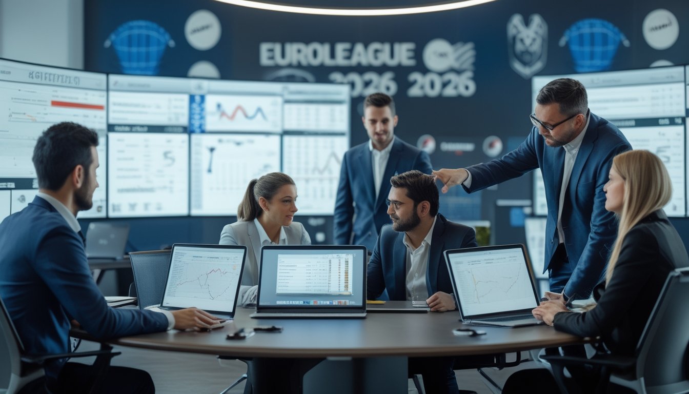 Sekelompok analis sedang berdiskusi dan melihat data statistik bola basket di kantor modern.
